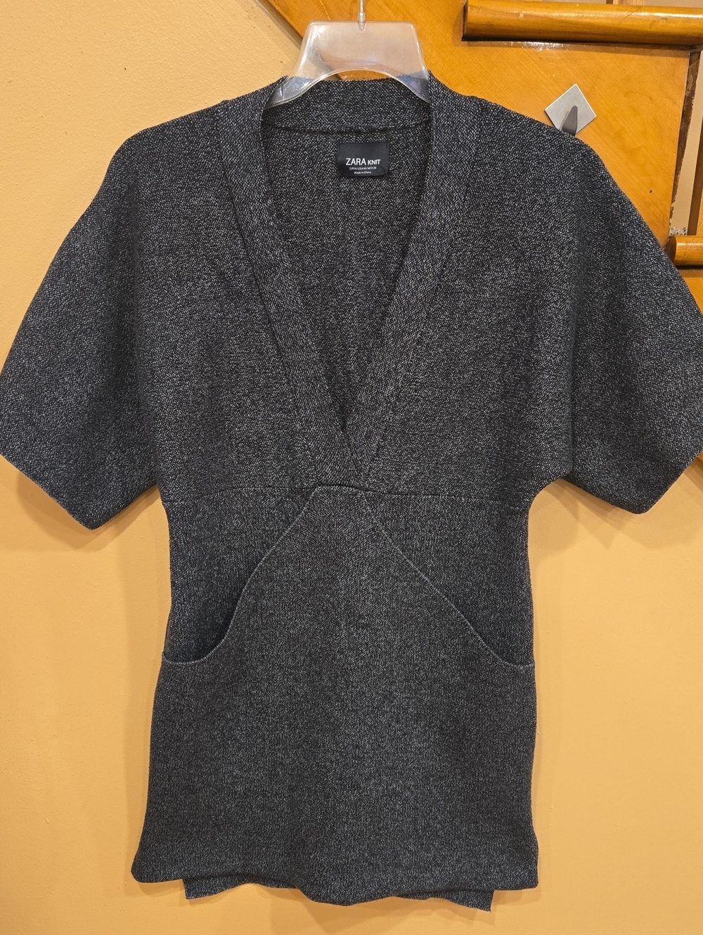 ZARA Women's V-Neck Short-Sleeve Knit Sweater Dress in Charcoal Gray